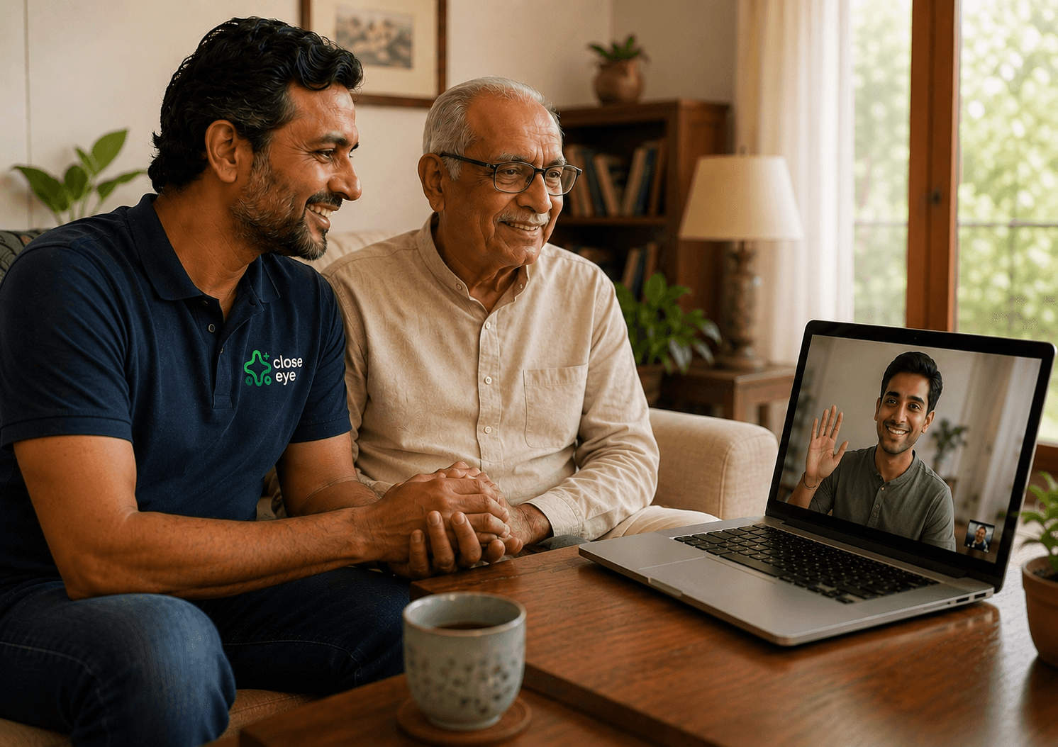 A Close Eye Guardian sitting at home beside an elderly gentleman over tea, sharing a video call with family abroad — soft window light, genuine ease.