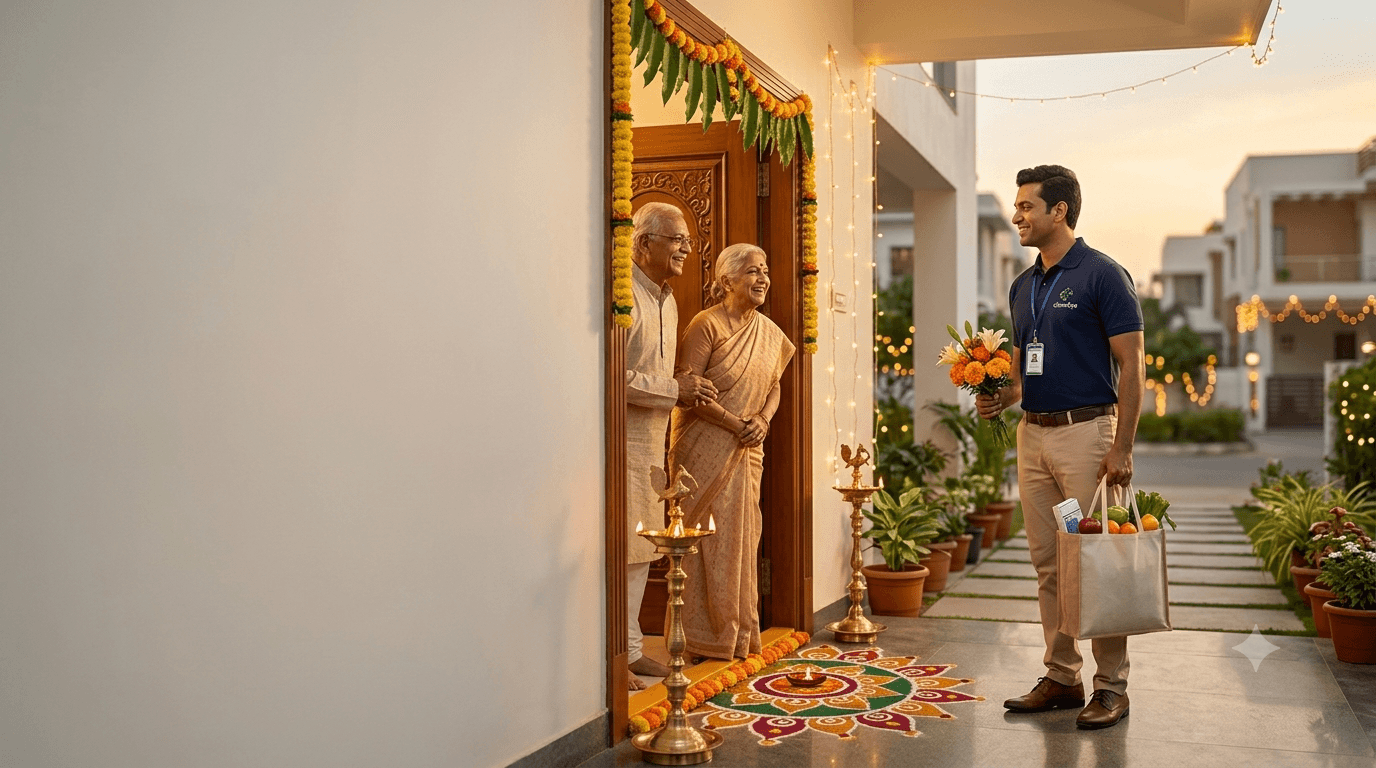 A Close Eye Guardian arriving at a festively decorated home with flowers and groceries, warmly greeted by an elderly couple at their doorway.