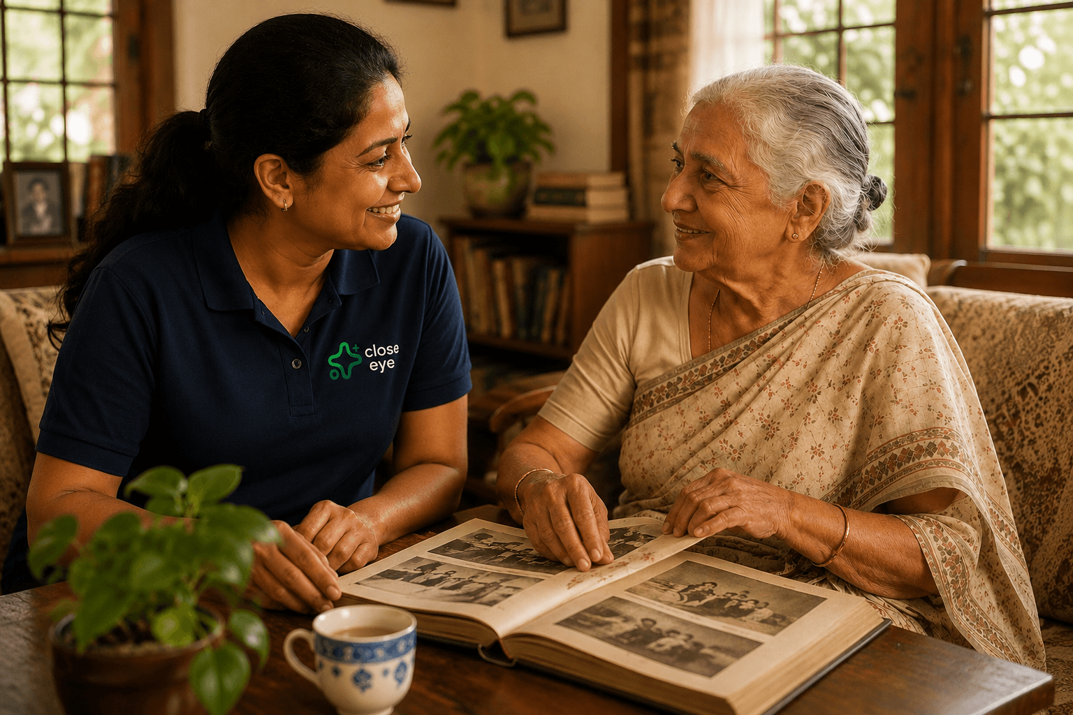 A Close Eye Guardian and an elderly woman sit close together at home, smiling as they look through an old family photo album over tea.